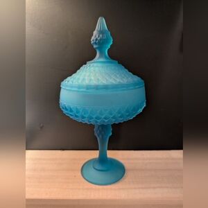 Vintage Indiana Glass Blue Satin Diamond Point Candy Dish